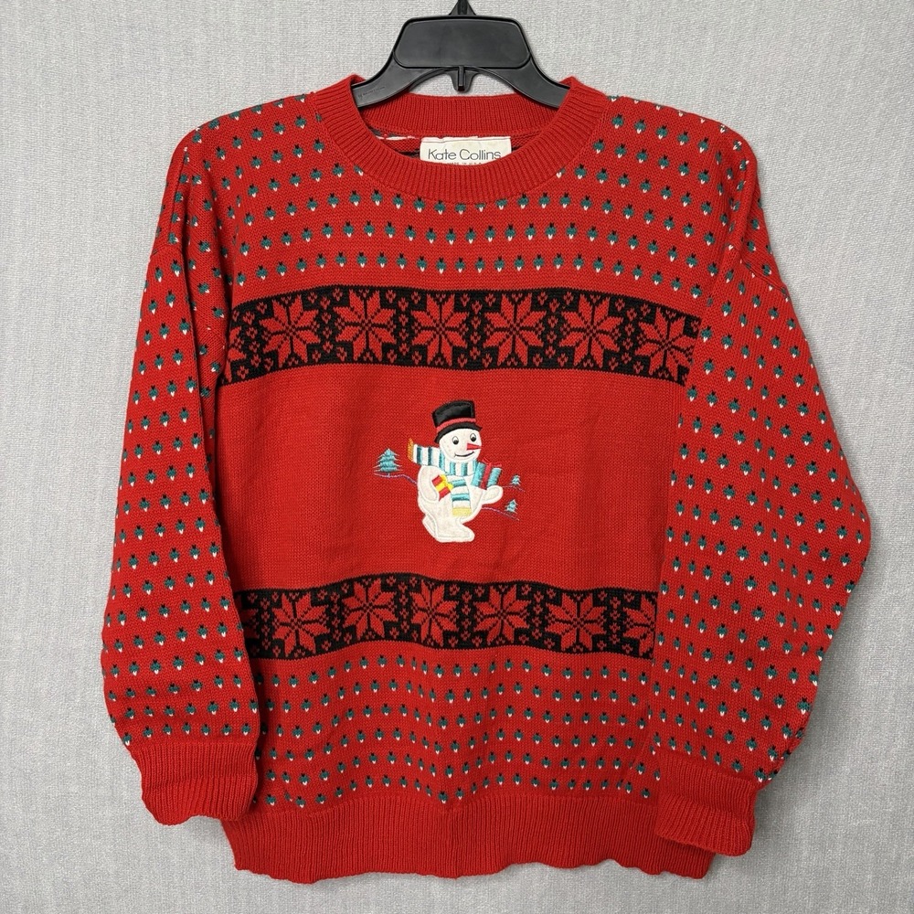 Vintage Kate Collins Made in USA Christmas Sweater Red Embroidered Snowman Knit